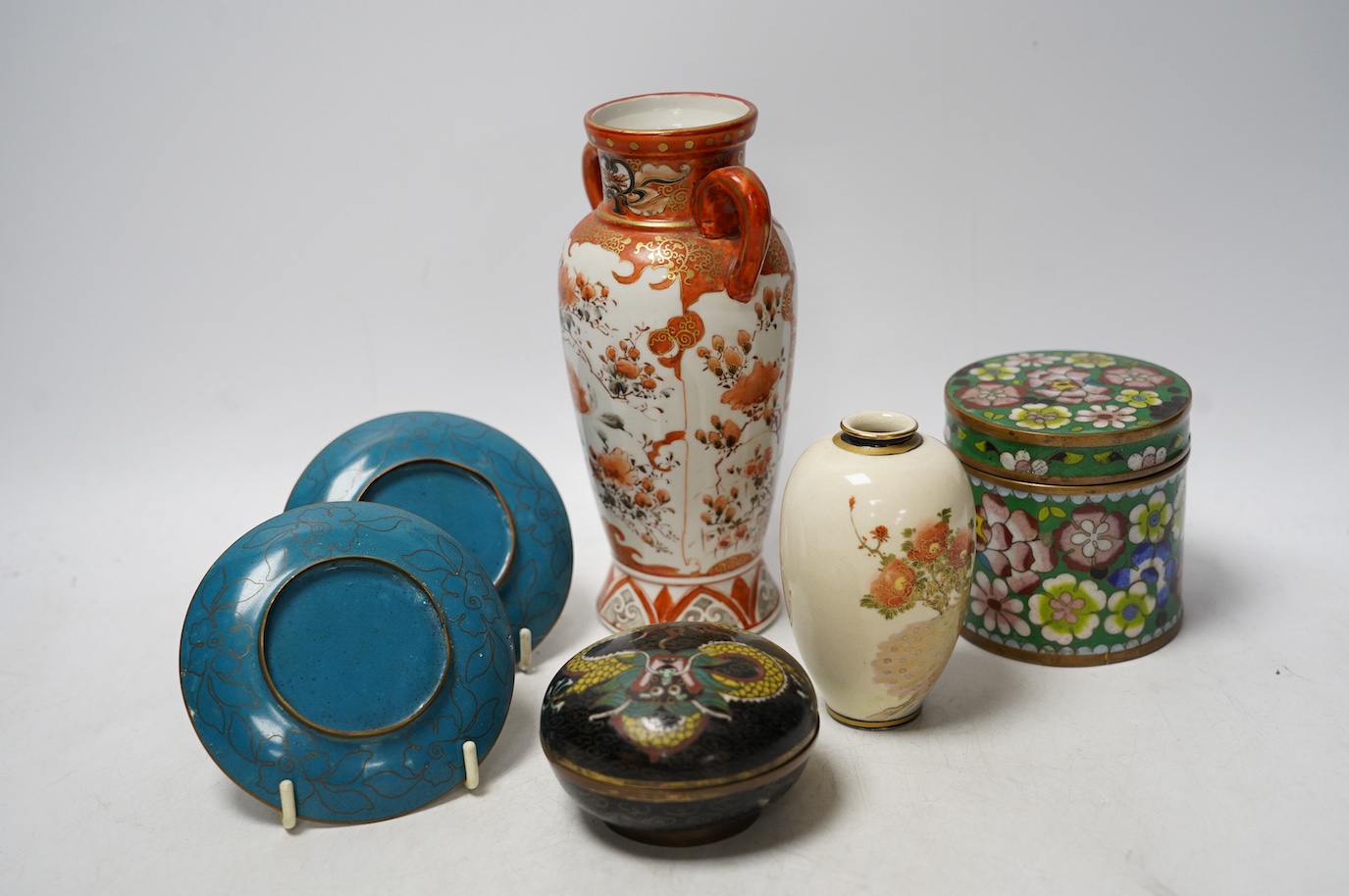 Japanese items comprising miniature Satsuma vase, four pieces of cloisonné and a Kutani vase, largest 17.5cm high. Condition - mostly fair to good